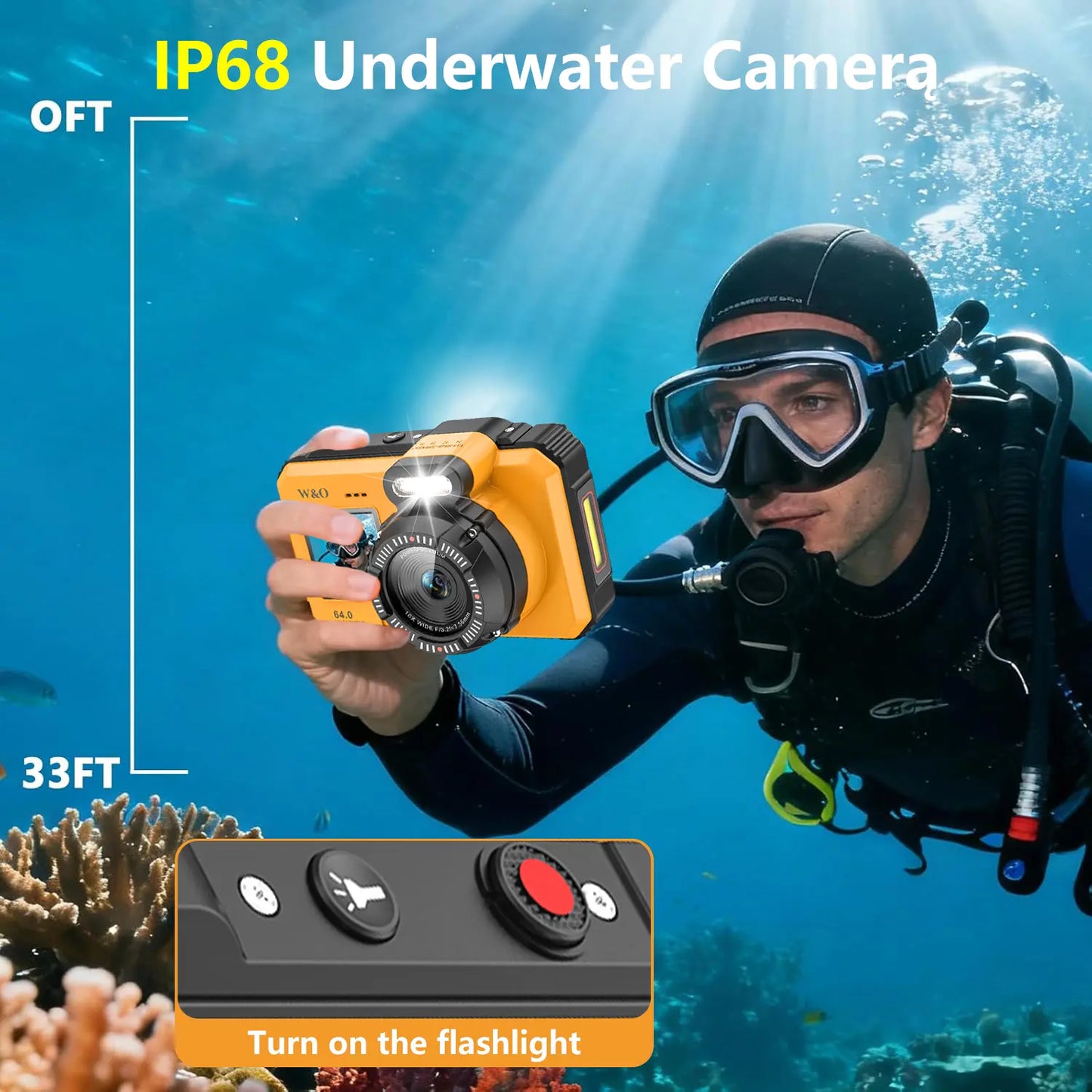 4K Underwater Camera, 64MP Dual-Screen Waterproof Digital Camera, Autofocus, 32GB Card, 18X Zoom for Snorkeling