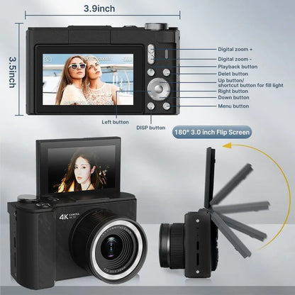 Digital Foldable Vlogging Camera, 32GB SD Card, Self Timer, Wrist Strap – Perfect Gift for Teens & Beginners