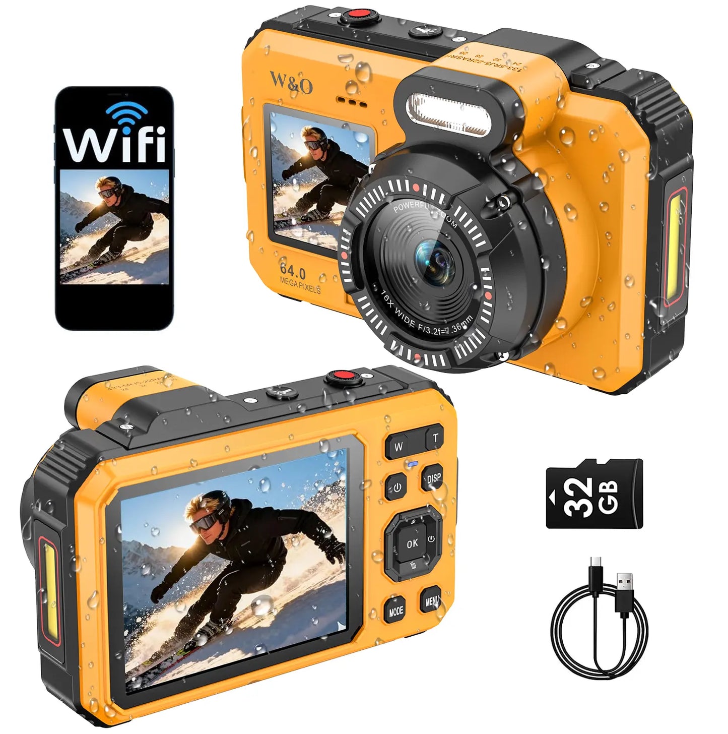 4K Underwater Camera, 64MP Dual-Screen Waterproof Digital Camera, Autofocus, 32GB Card, 18X Zoom for Snorkeling