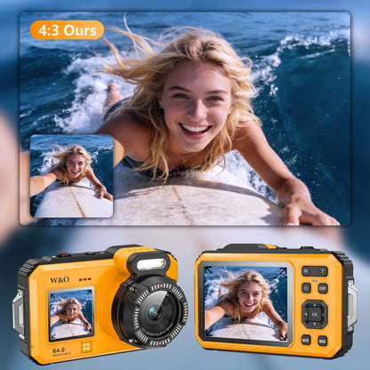 4K Underwater Camera, 64MP Dual-Screen Waterproof Digital Camera, Autofocus, 32GB Card, 18X Zoom for Snorkeling
