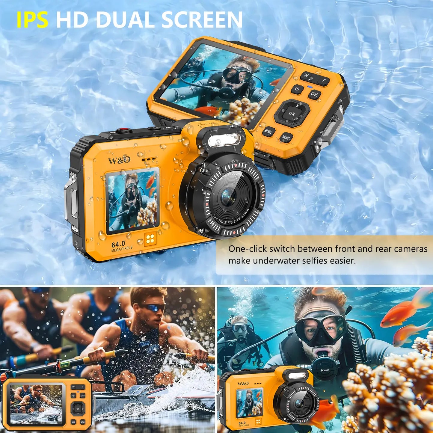 4K Underwater Camera, 64MP Dual-Screen Waterproof Digital Camera, Autofocus, 32GB Card, 18X Zoom for Snorkeling